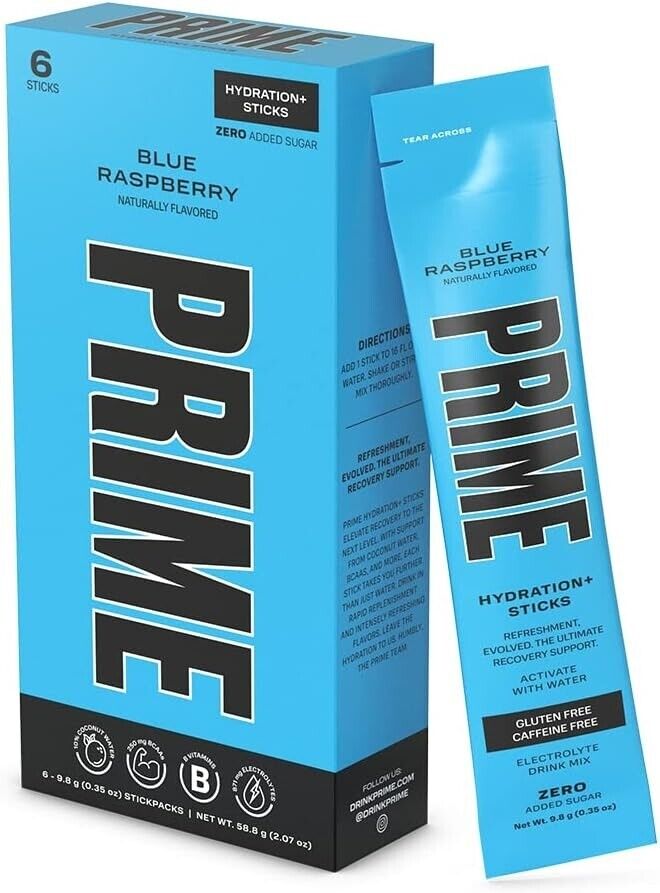 PRIME HYDRATION+ Sticks Blue Raspberry | 6 Hydration Powder Single Serve Sticks