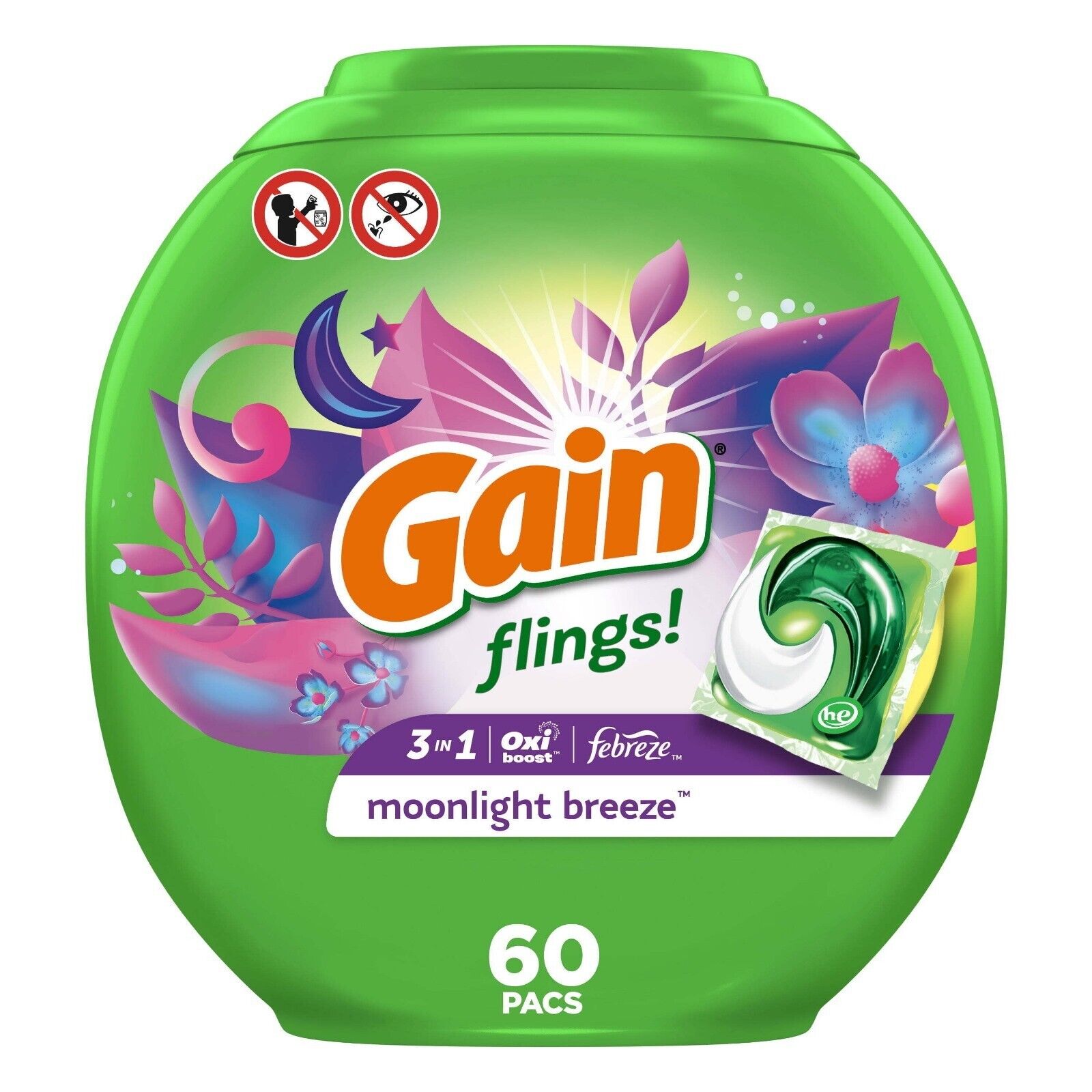 Gain Flings Laundry Detergent Soap Pacs 60 Ct Moonlight Breeze